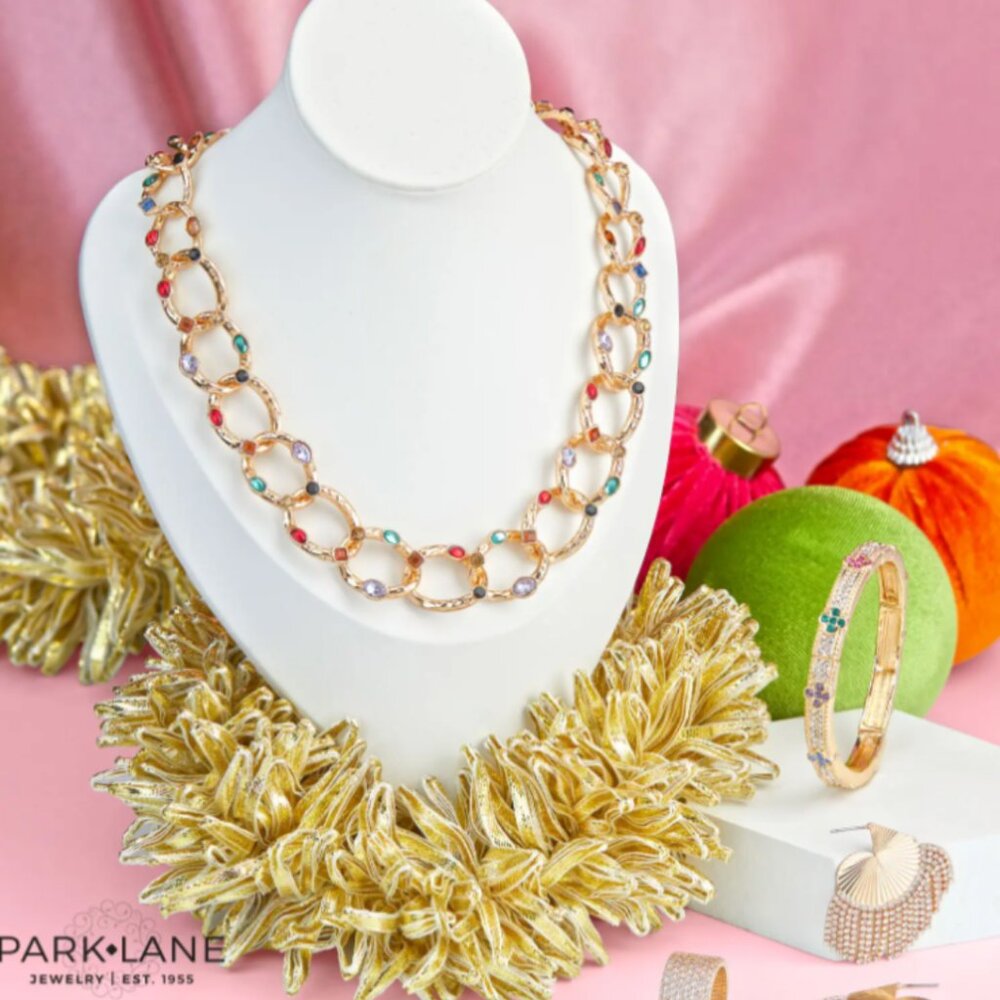 Park Lane Jewelry Dasher Colorful Crystals Gold Tone Holiday Necklace